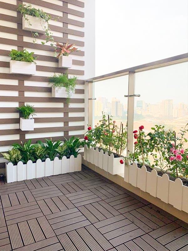 Trang trí ban công bằng cây hoa hồng trồng chậu hàng rào và sàn gỗ